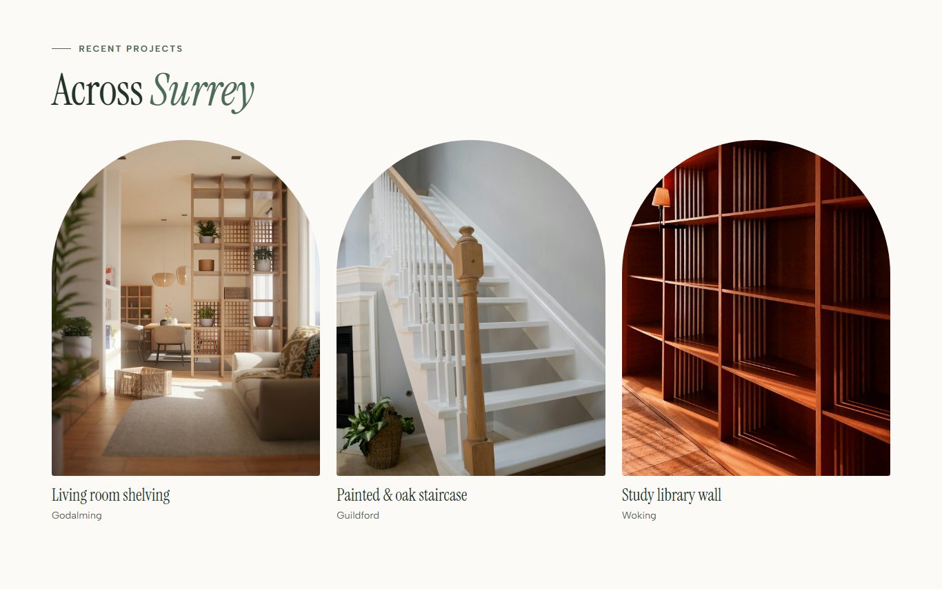 Larchfield Joinery project section with three arch-shaped photos of shelving and a staircase