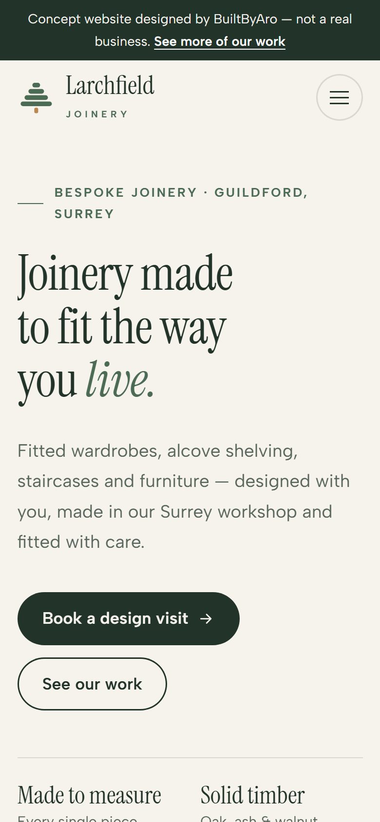 Larchfield Joinery concept homepage on a phone