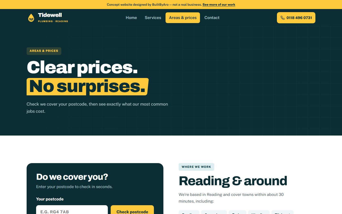 Tidewell Plumbing areas and prices page with a postcode checker