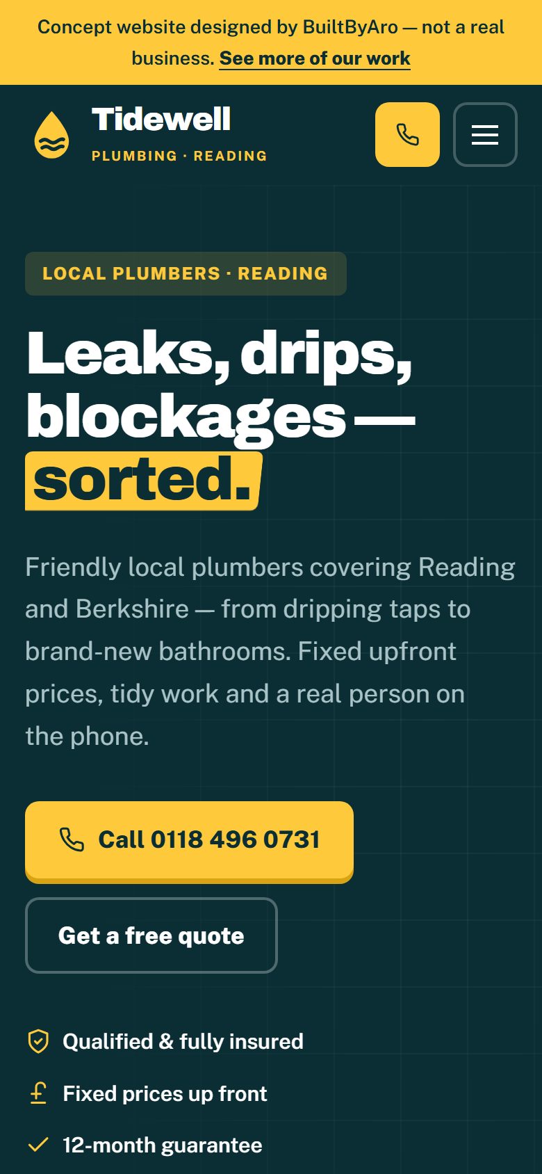 Tidewell Plumbing concept homepage on a phone with a large yellow call button